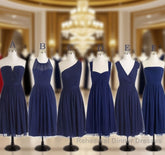 Short Navy Blue Chiffon Mismatch Maid Of Honor Girls Group In Knee Length Simple Cheap Semi Formal Dress